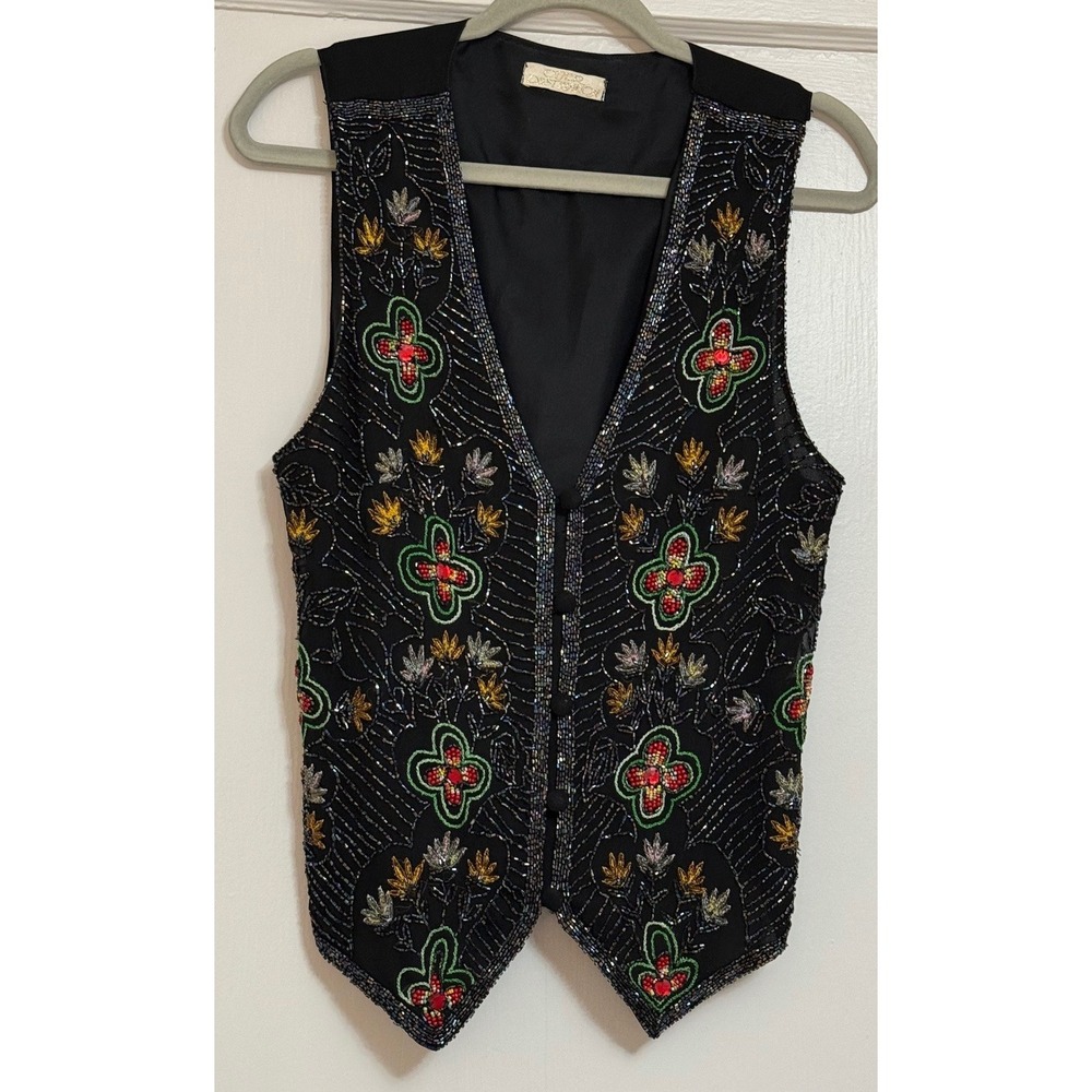 VINTAGE Y2K OTHER‎ DESTINATION SILK BEADED FLORAL VEST WOMENS LARGE